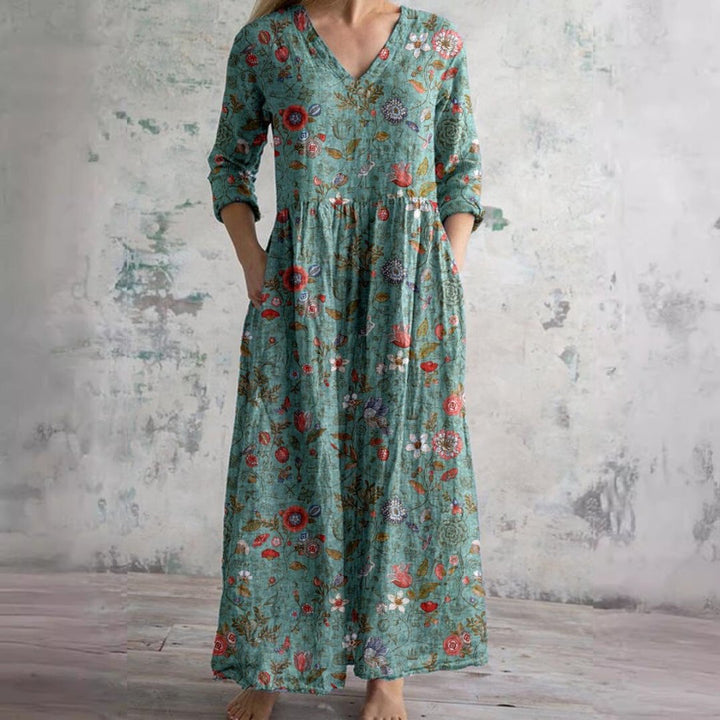 Sophie | Vestido Maxi Floral com Decote em V e Mangas Três Quartos para Mulher