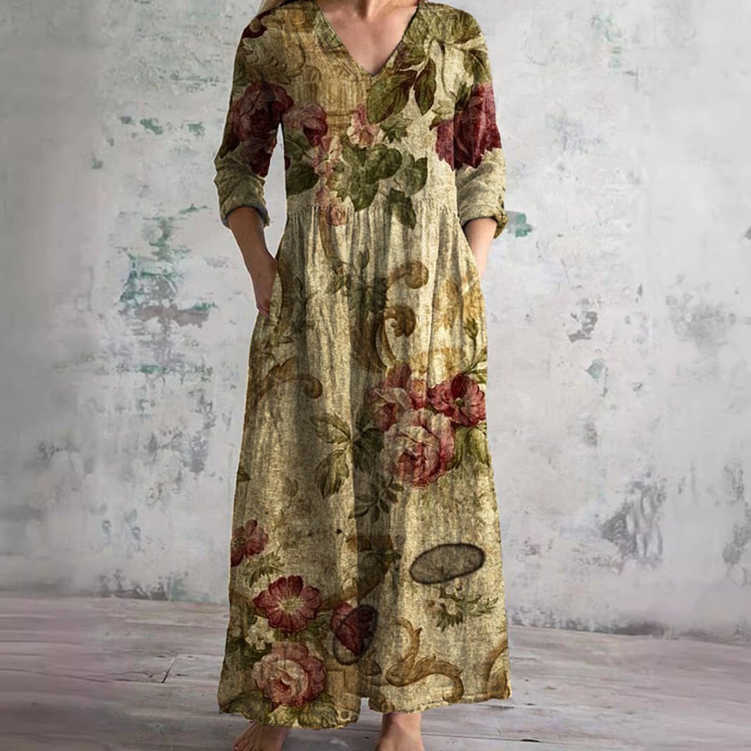 Sophie | Vestido Maxi Floral com Decote em V e Mangas Três Quartos para Mulher