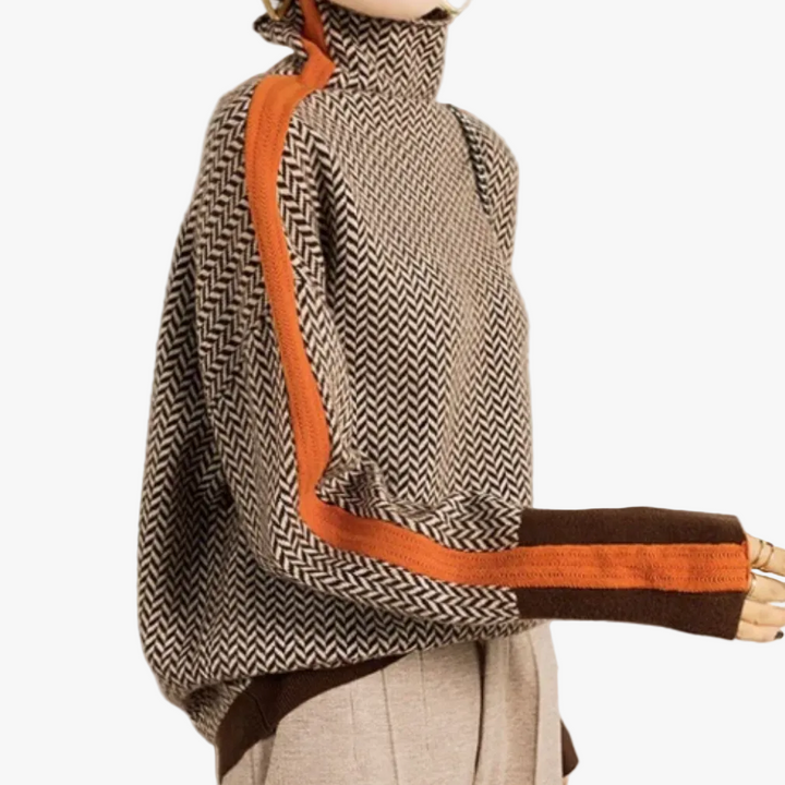 Women's Herringbone Knit Turtleneck Sweater with Striped Sleeves