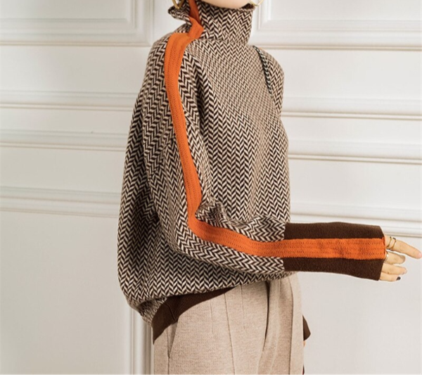Women's Herringbone Knit Turtleneck Sweater with Striped Sleeves