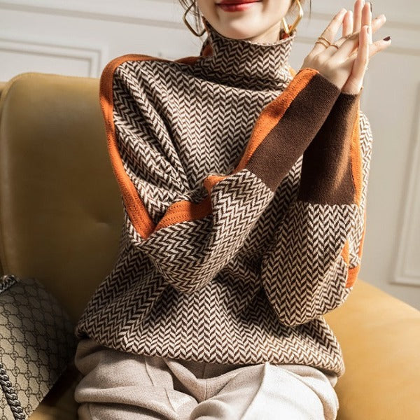 Women's Herringbone Knit Turtleneck Sweater with Striped Sleeves