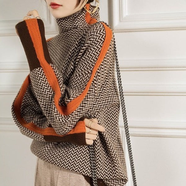 Women's Herringbone Knit Turtleneck Sweater with Striped Sleeves