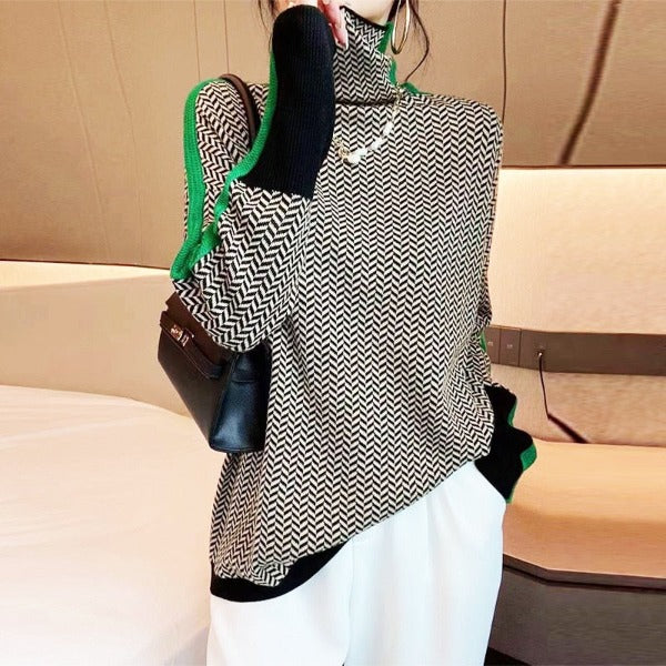 Women's Herringbone Knit Turtleneck Sweater with Striped Sleeves