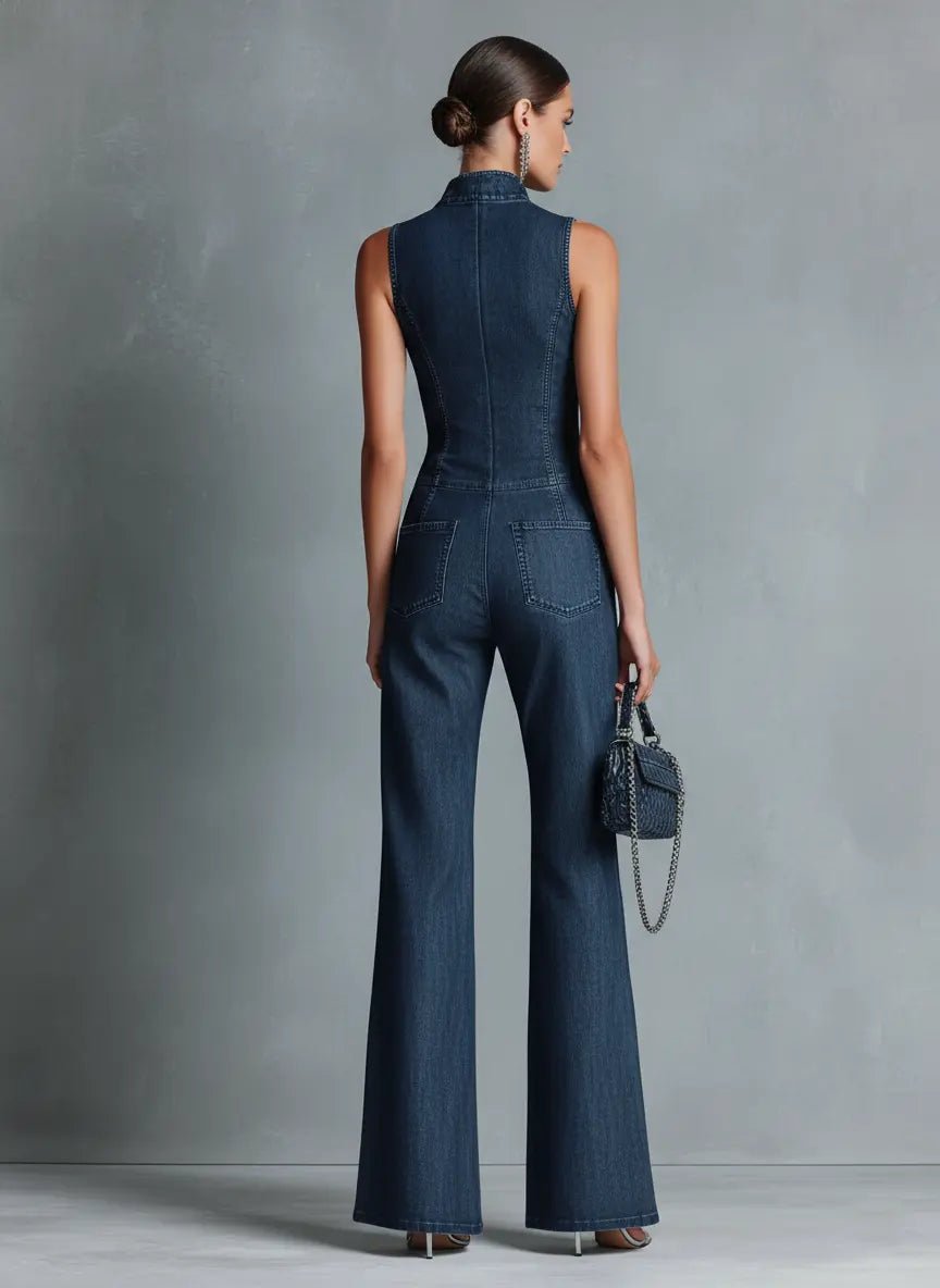Sophie | Damers stretchiga denim-jumpsuit med hög krage och utsvängda ben