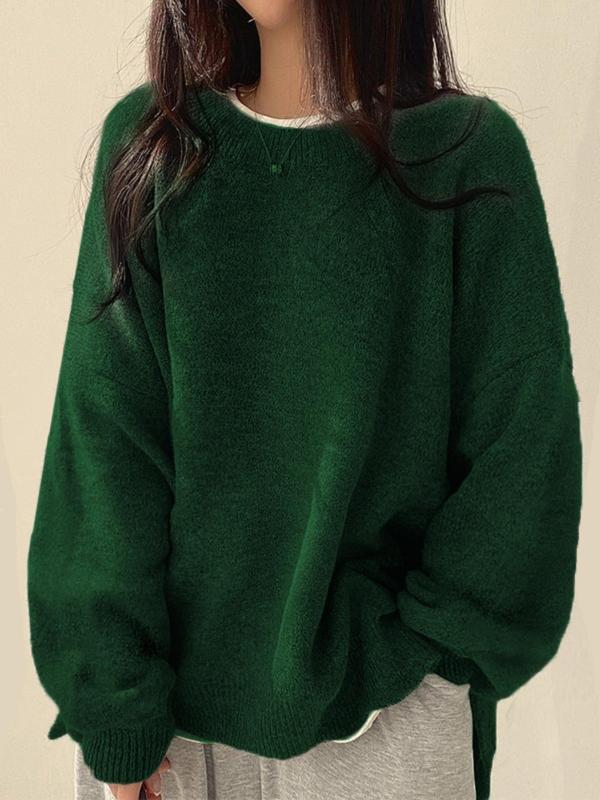 Women's Knit Crewneck Sweater with Drop Shoulders & Side Slits