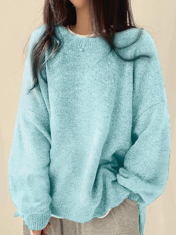 Women's Knit Crewneck Sweater with Drop Shoulders & Side Slits