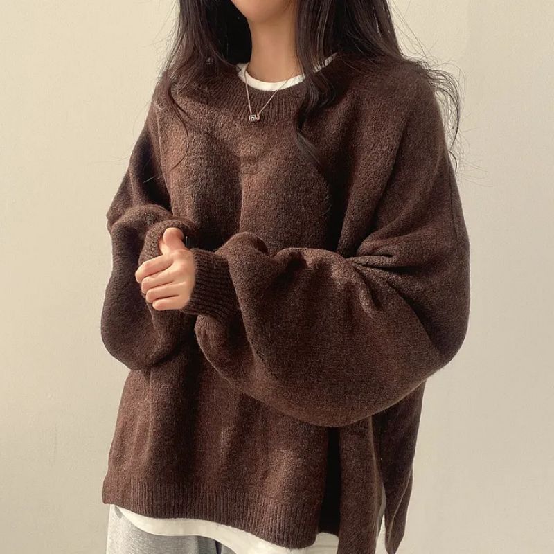 Women's Knit Crewneck Sweater with Drop Shoulders & Side Slits