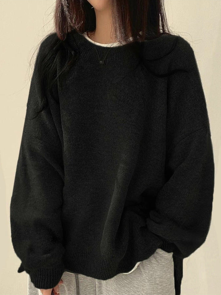 Women's Knit Crewneck Sweater with Drop Shoulders & Side Slits
