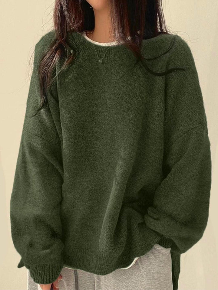 Women's Knit Crewneck Sweater with Drop Shoulders & Side Slits