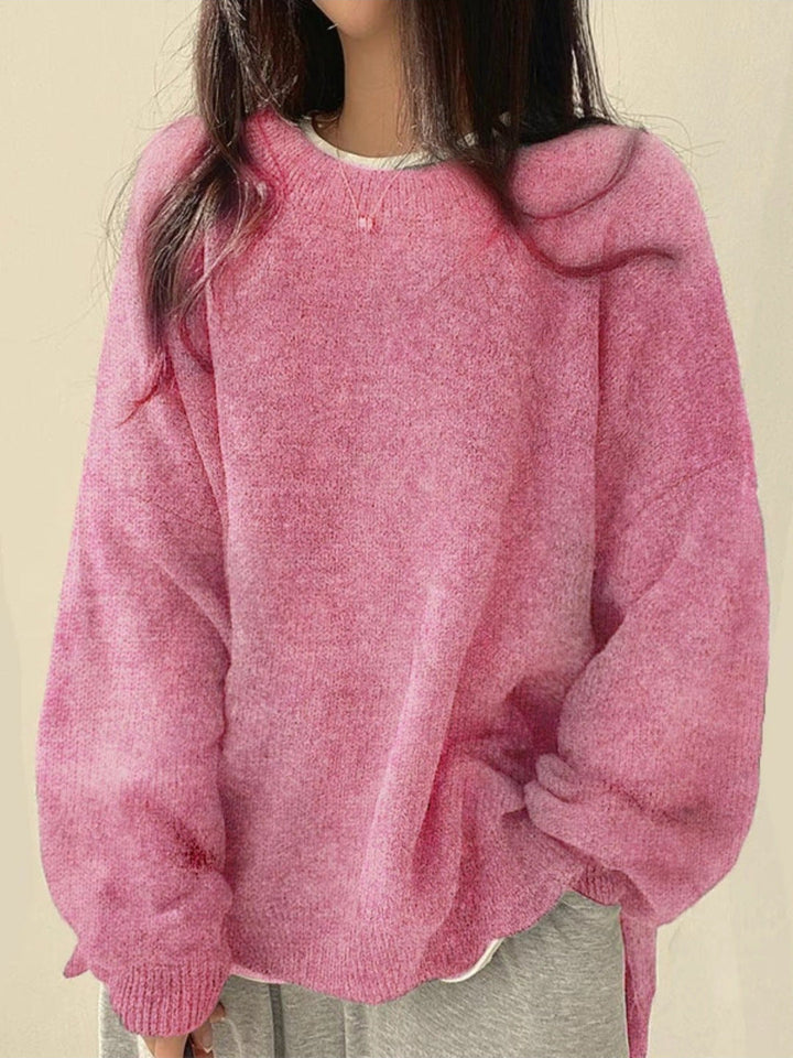 Women's Knit Crewneck Sweater with Drop Shoulders & Side Slits