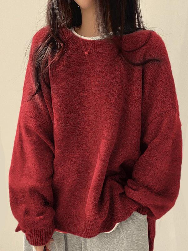 Women's Knit Crewneck Sweater with Drop Shoulders & Side Slits