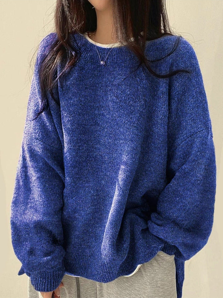 Women's Knit Crewneck Sweater with Drop Shoulders & Side Slits