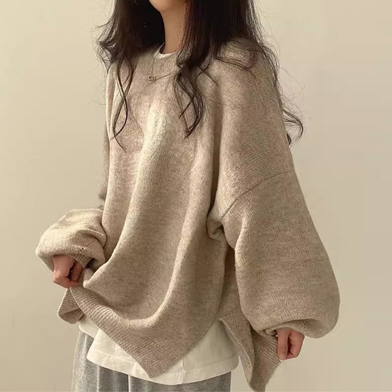 Women's Knit Crewneck Sweater with Drop Shoulders & Side Slits