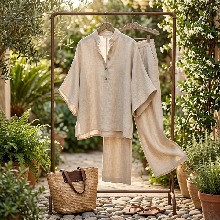 Evelyn | Women's Linen Two-Piece Set with Mandarin Collar and Kimono Sleeves