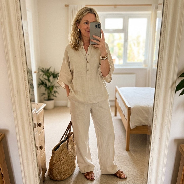 Evelyn | Women's Linen Two-Piece Set with Mandarin Collar and Kimono Sleeves