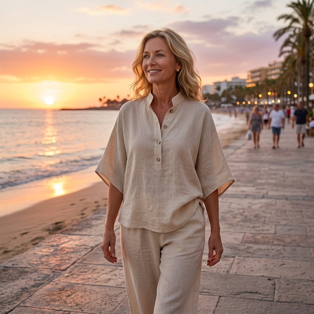 Evelyn | Women's Linen Two-Piece Set with Mandarin Collar and Kimono Sleeves