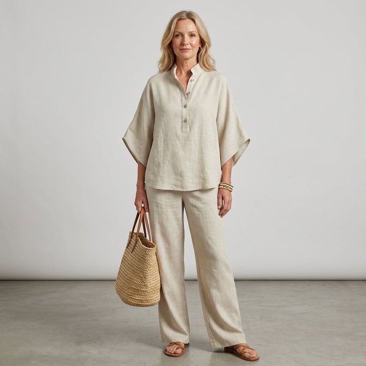 Evelyn | Women's Linen Two-Piece Set with Mandarin Collar and Kimono Sleeves