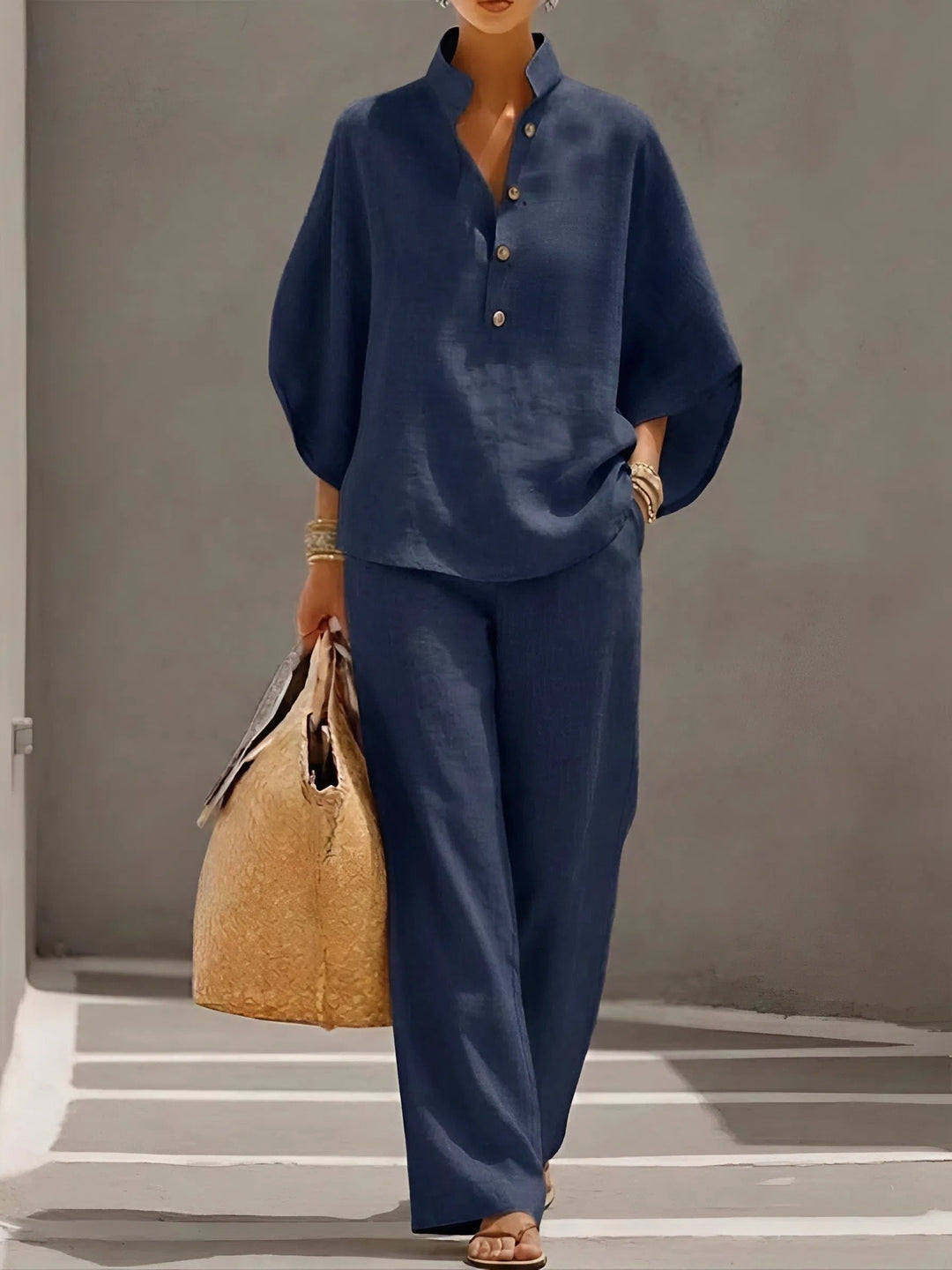 Evelyn | Women's Linen Two-Piece Set with Mandarin Collar and Kimono Sleeves