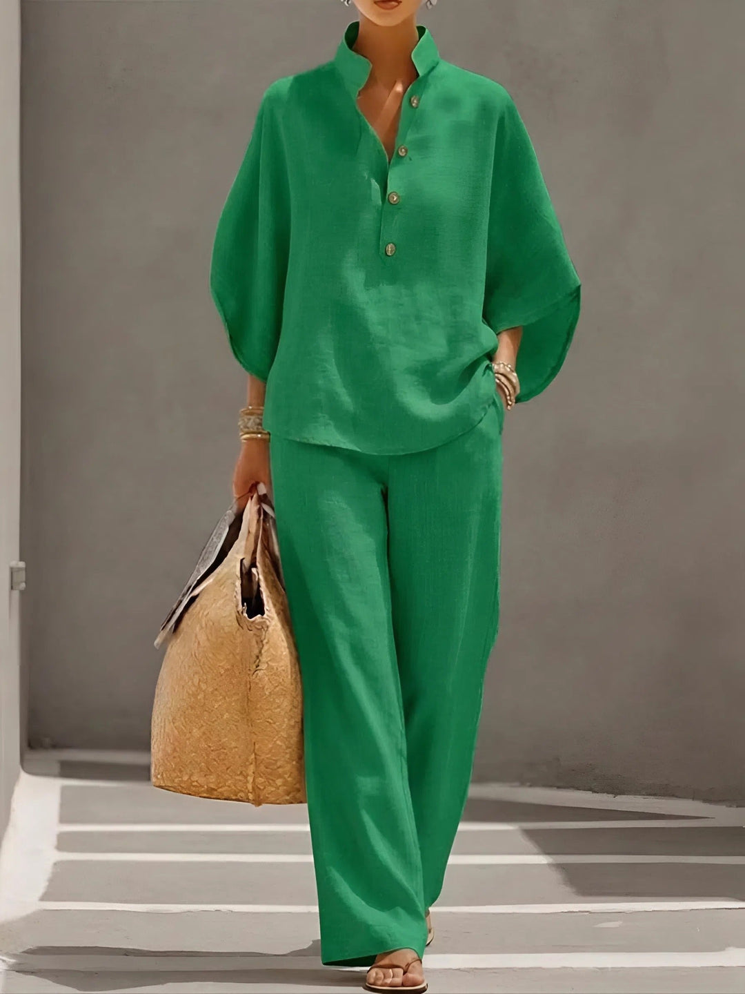 Evelyn | Women's Linen Two-Piece Set with Mandarin Collar and Kimono Sleeves