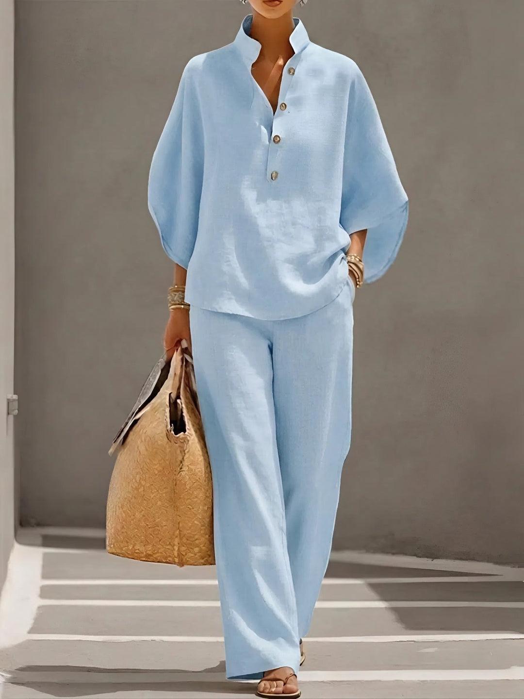 Evelyn | Women's Linen Two-Piece Set with Mandarin Collar and Kimono Sleeves