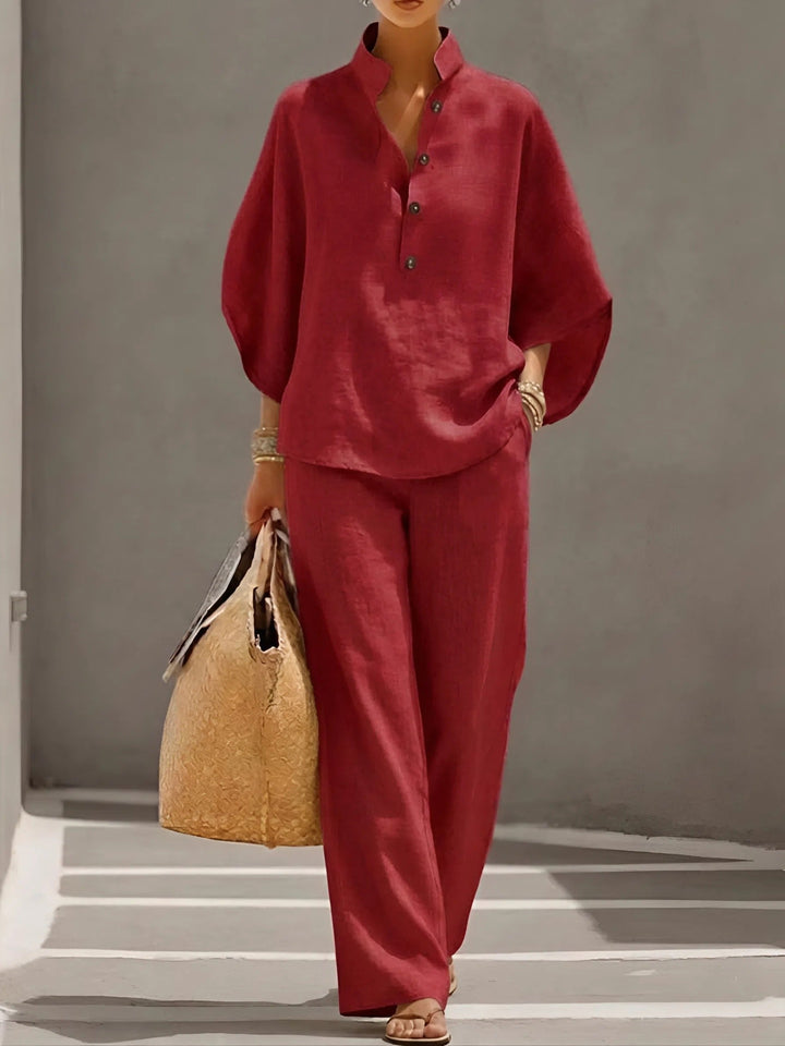 Evelyn | Women's Linen Two-Piece Set with Mandarin Collar and Kimono Sleeves