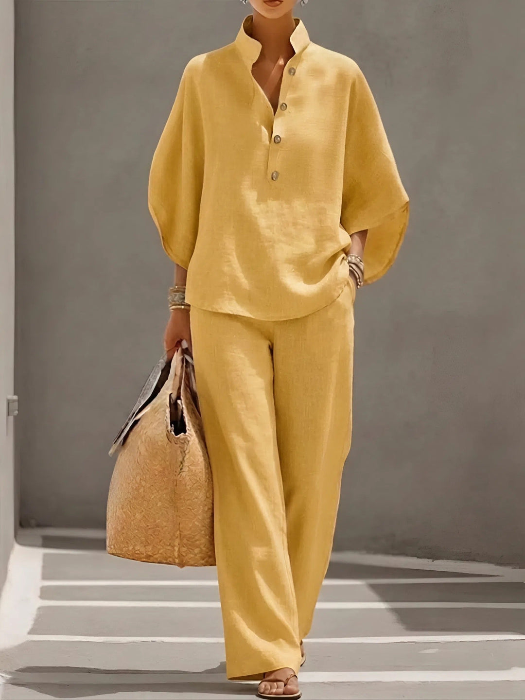 Evelyn | Women's Linen Two-Piece Set with Mandarin Collar and Kimono Sleeves
