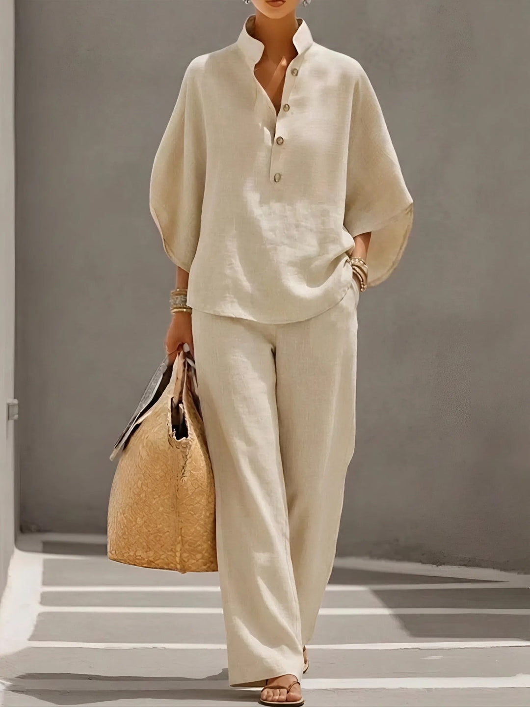 Evelyn | Women's Linen Two-Piece Set with Mandarin Collar and Kimono Sleeves