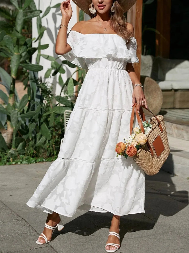 Morgan | Robe maxi à volants et épaules dénudées pour femmes, idéale pour les mariages