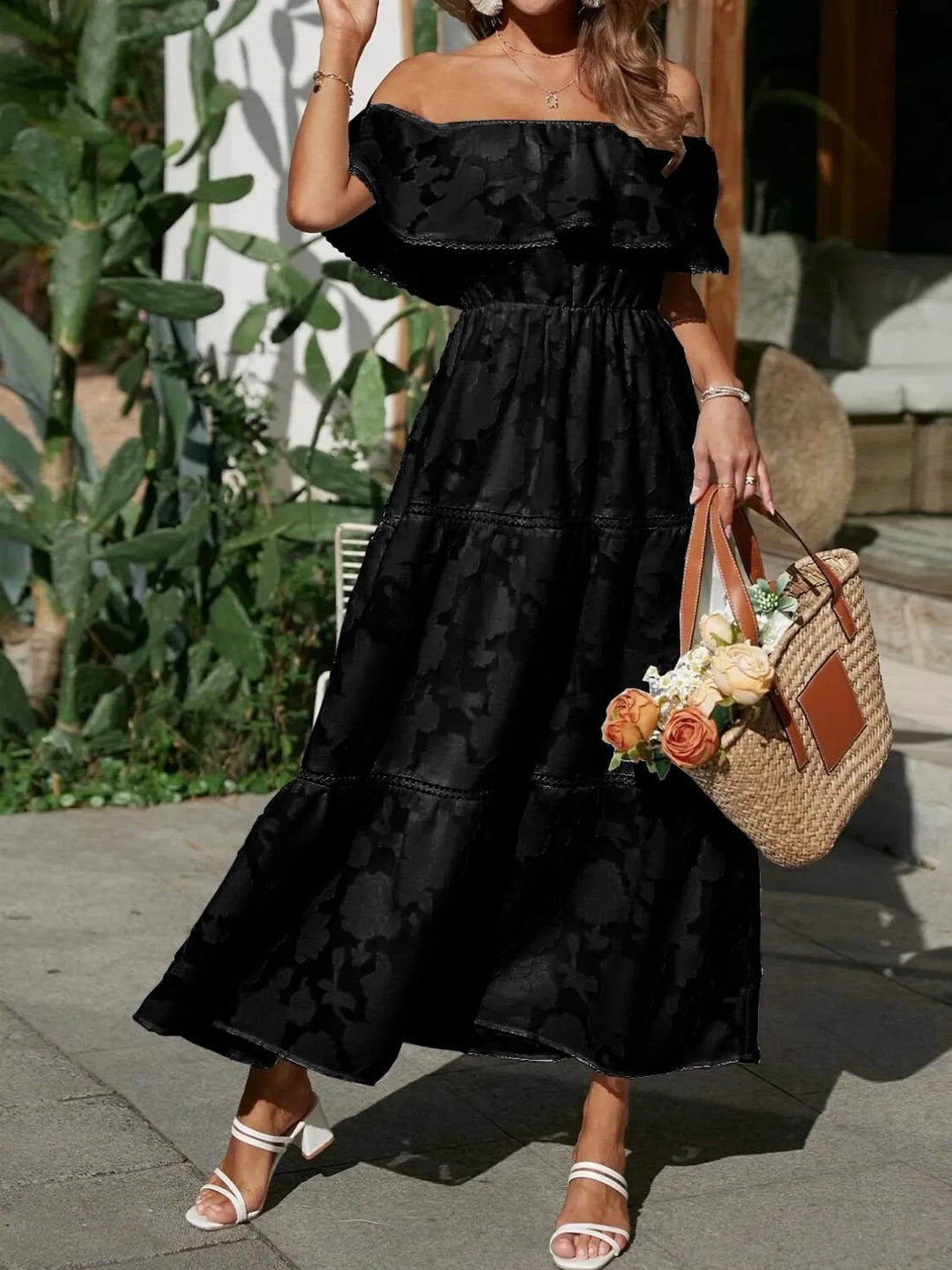 Morgan | Robe maxi à volants et épaules dénudées pour femmes, idéale pour les mariages