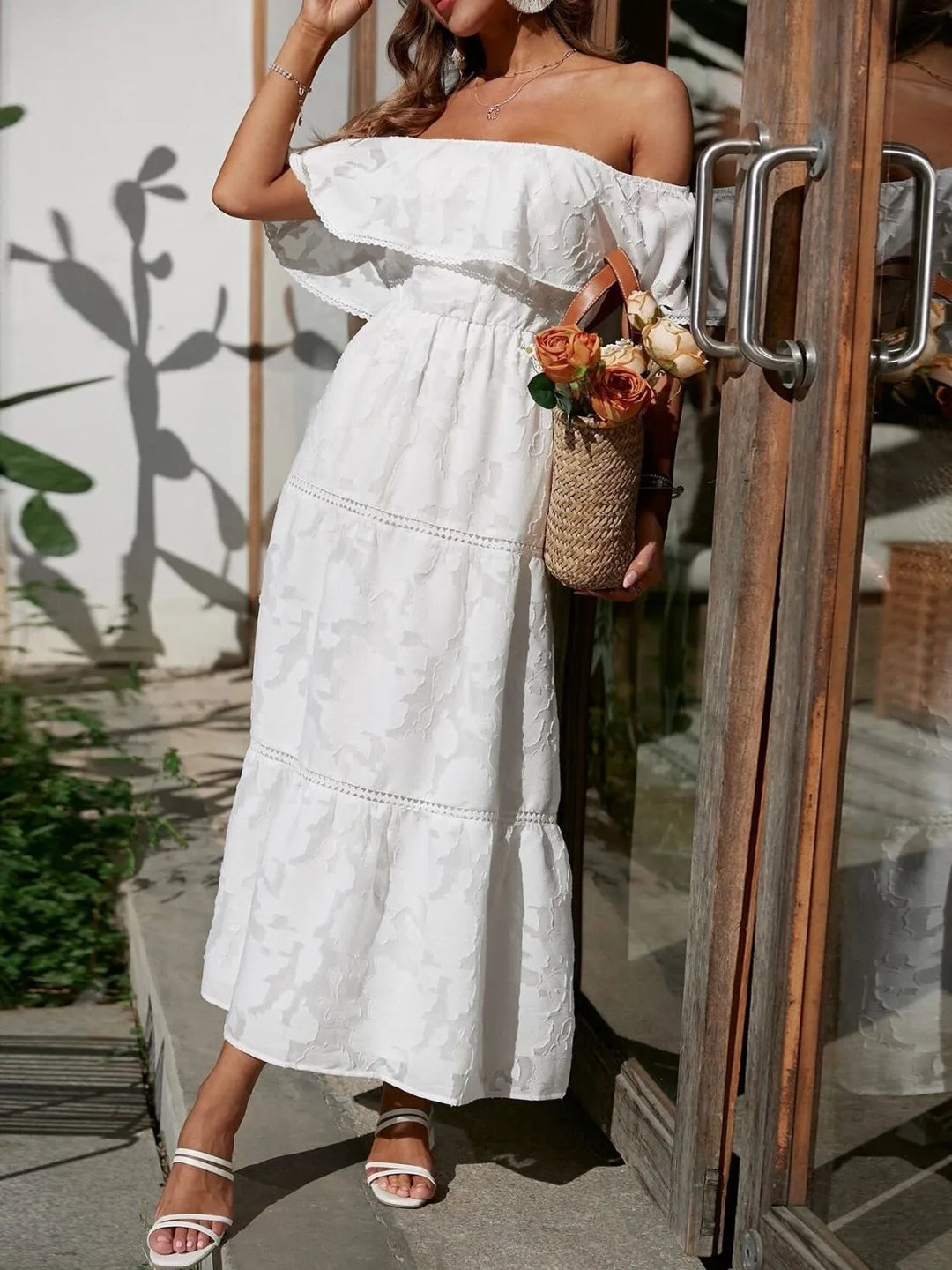 Morgan | Robe maxi à volants et épaules dénudées pour femmes, idéale pour les mariages