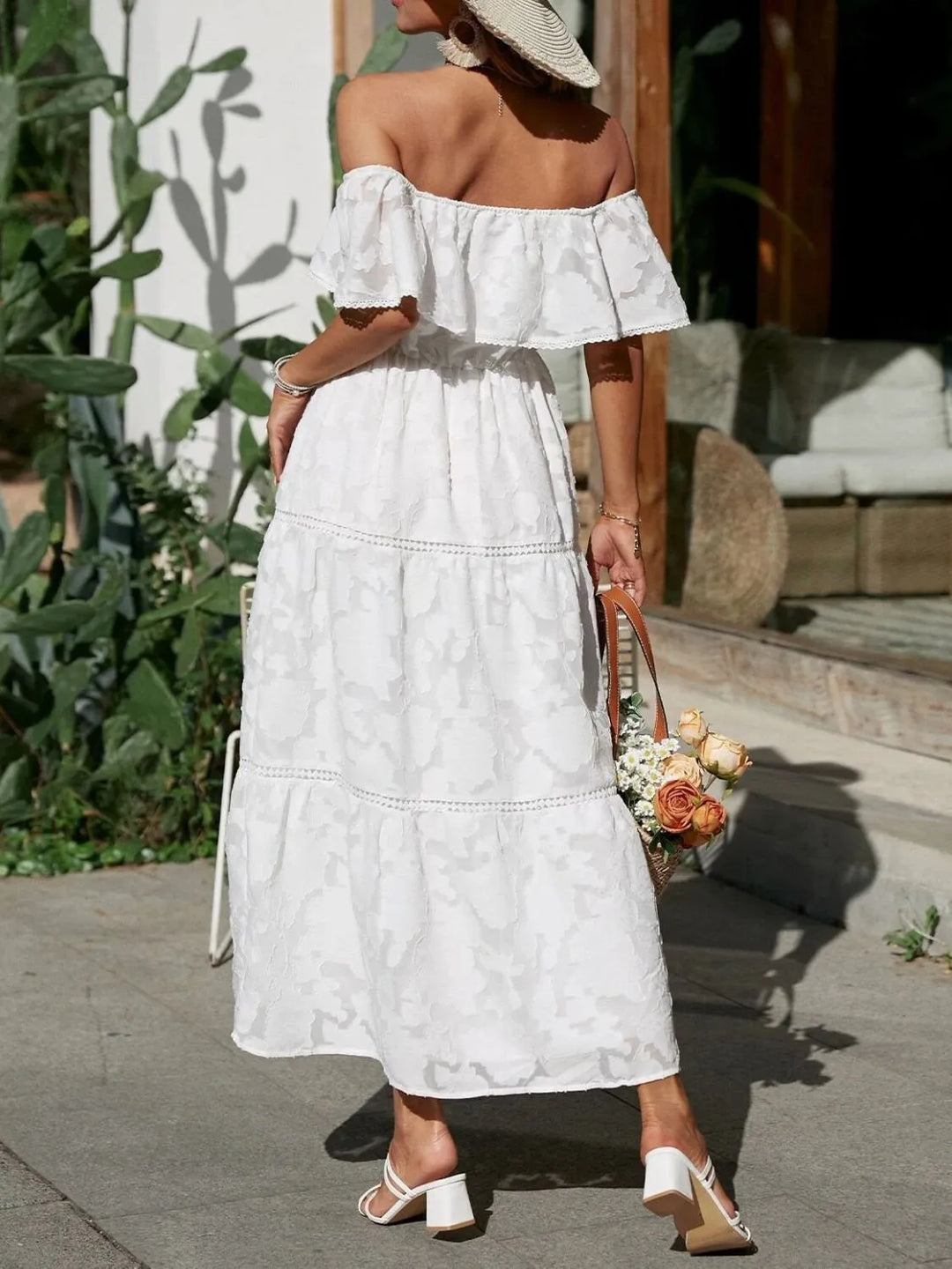 Morgan | Robe maxi à volants et épaules dénudées pour femmes, idéale pour les mariages