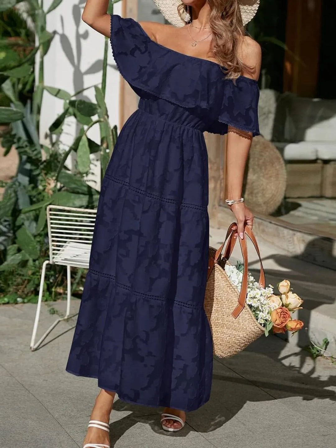 Morgan | Robe maxi à volants et épaules dénudées pour femmes, idéale pour les mariages