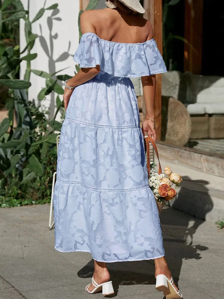 Morgan | Robe maxi à volants et épaules dénudées pour femmes, idéale pour les mariages