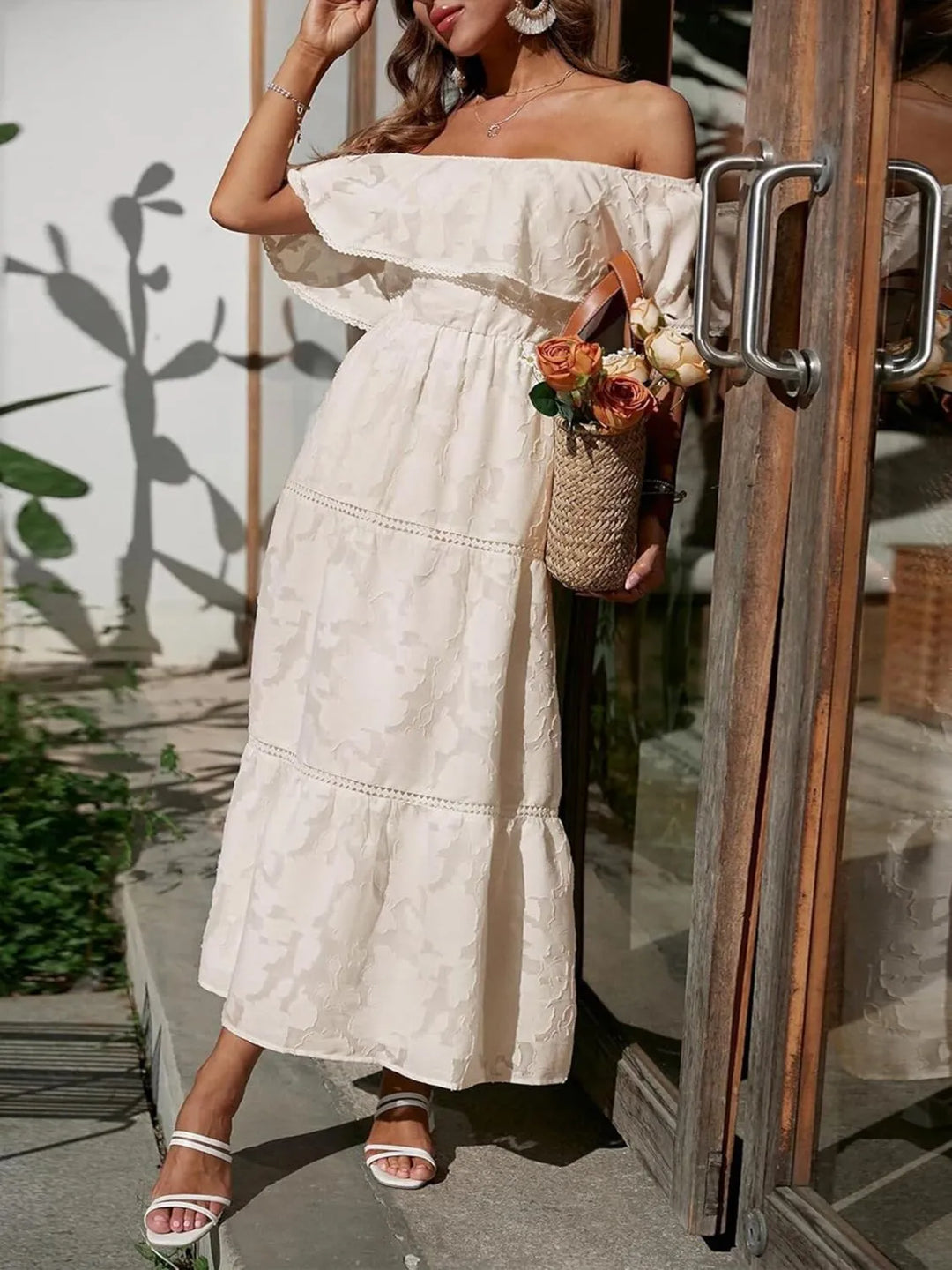Morgan | Robe maxi à volants et épaules dénudées pour femmes, idéale pour les mariages