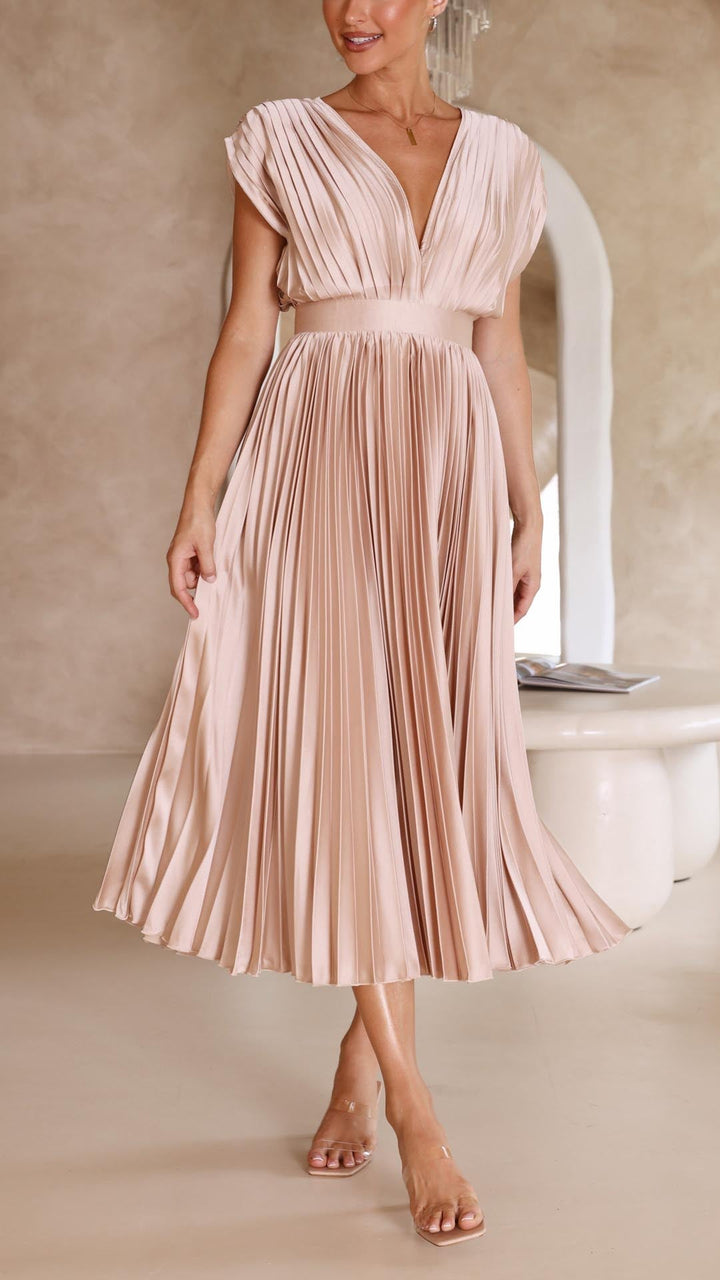 Nicole | Vestido midi plisado con escote en V para mujer, ideal para invitadas de boda