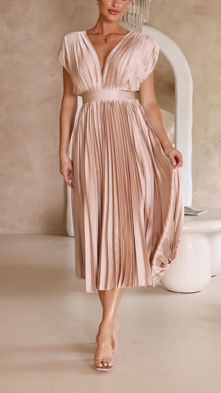 Nicole | Vestido midi plisado con escote en V para mujer, ideal para invitadas de boda