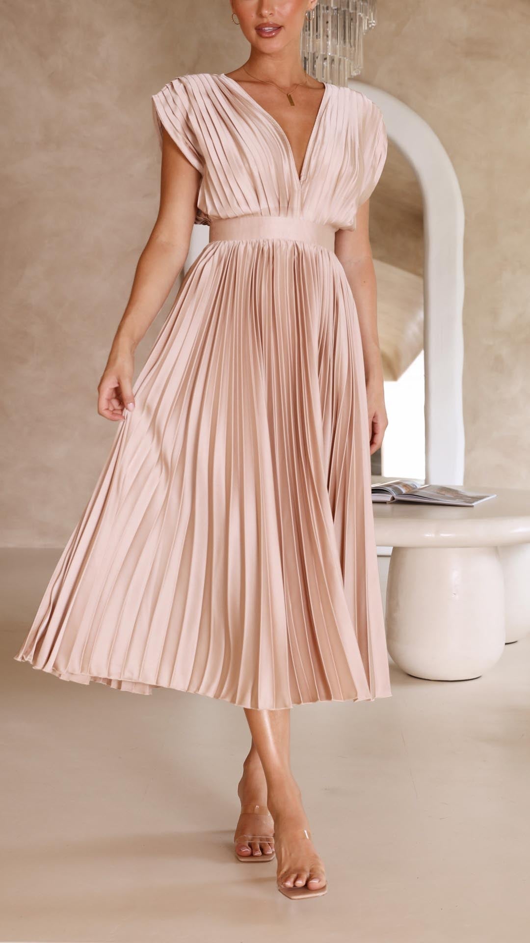 Nicole | Vestido midi plisado con escote en V para mujer, ideal para invitadas de boda