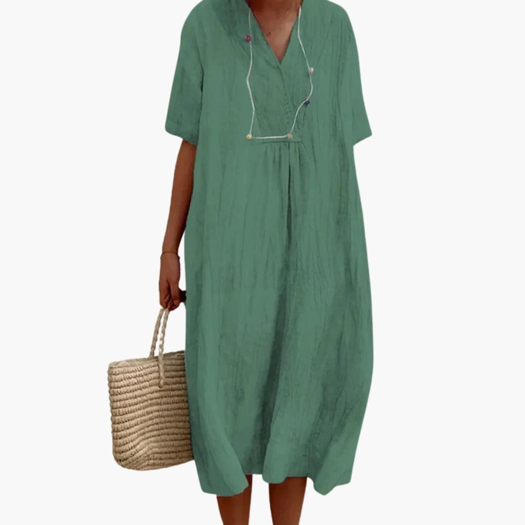 Willow | Locker sitzendes Leinen-Midikleid mit V-Ausschnitt für Damen