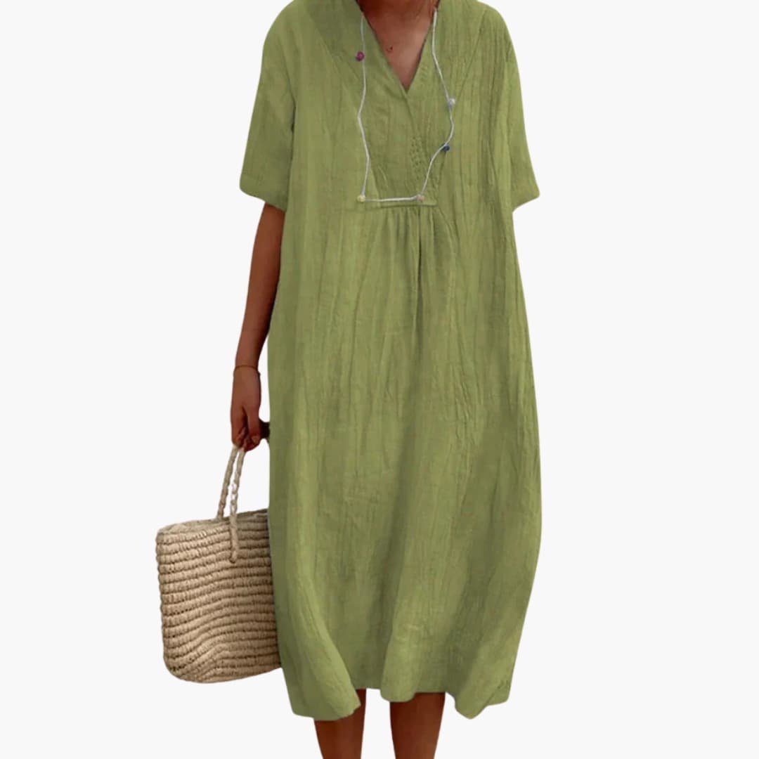 Willow | Locker sitzendes Leinen-Midikleid mit V-Ausschnitt für Damen