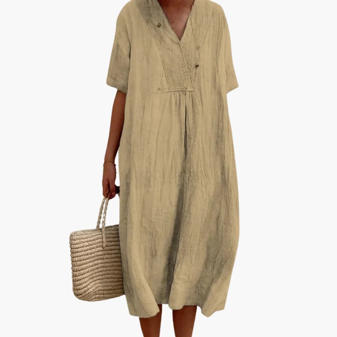 Willow | Locker sitzendes Leinen-Midikleid mit V-Ausschnitt für Damen