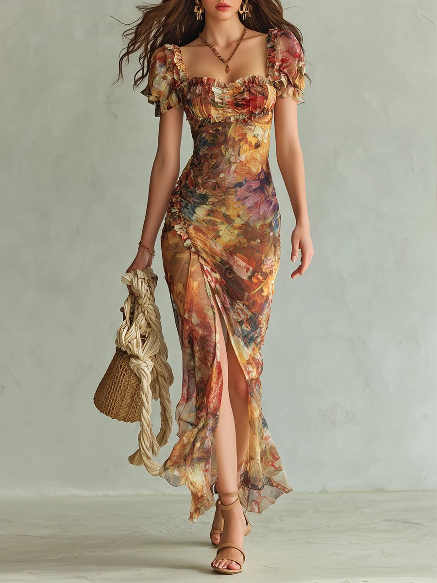 Ella | Abito lungo bohemien da donna in chiffon con scollo a cuore e volant