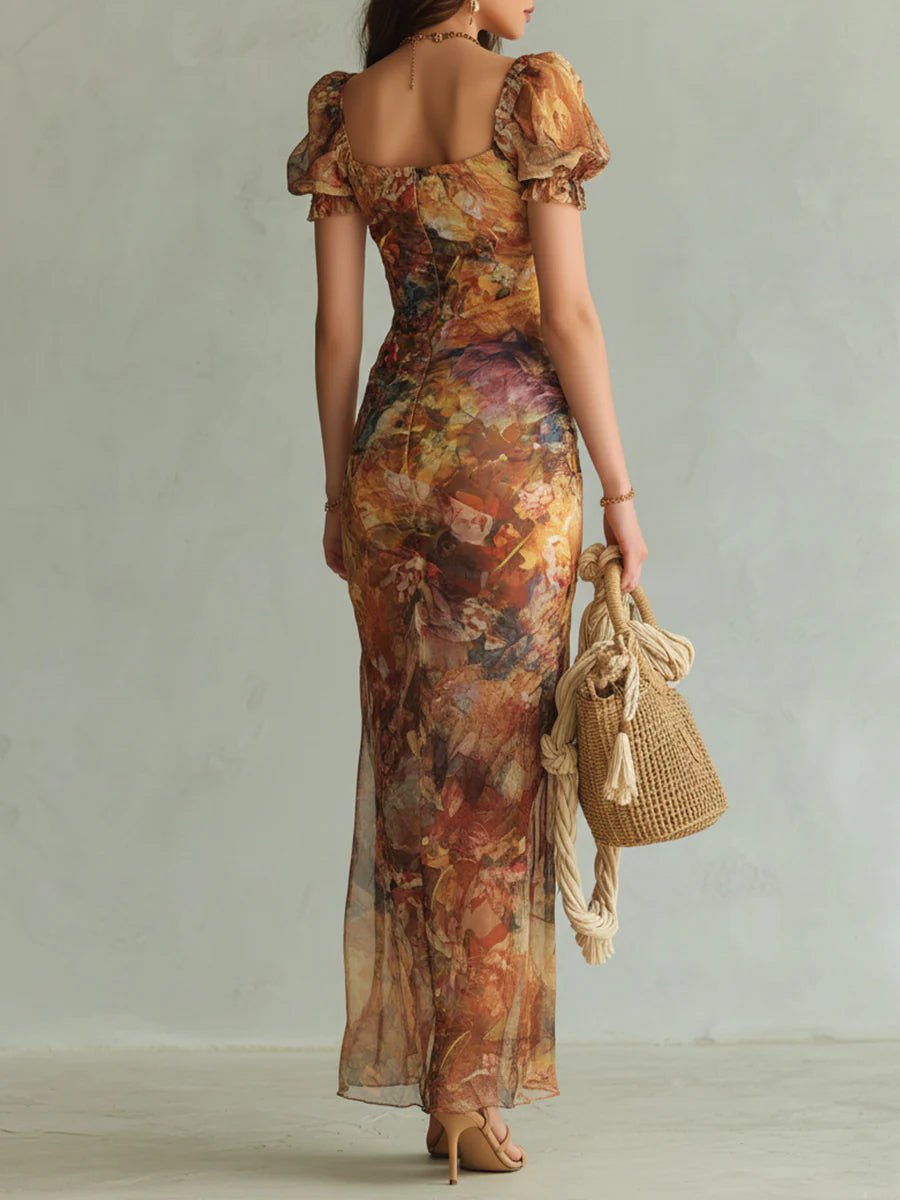 Ella | Abito lungo bohemien da donna in chiffon con scollo a cuore e volant