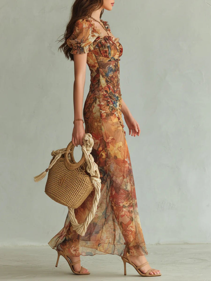 Ella | Abito lungo bohemien da donna in chiffon con scollo a cuore e volant