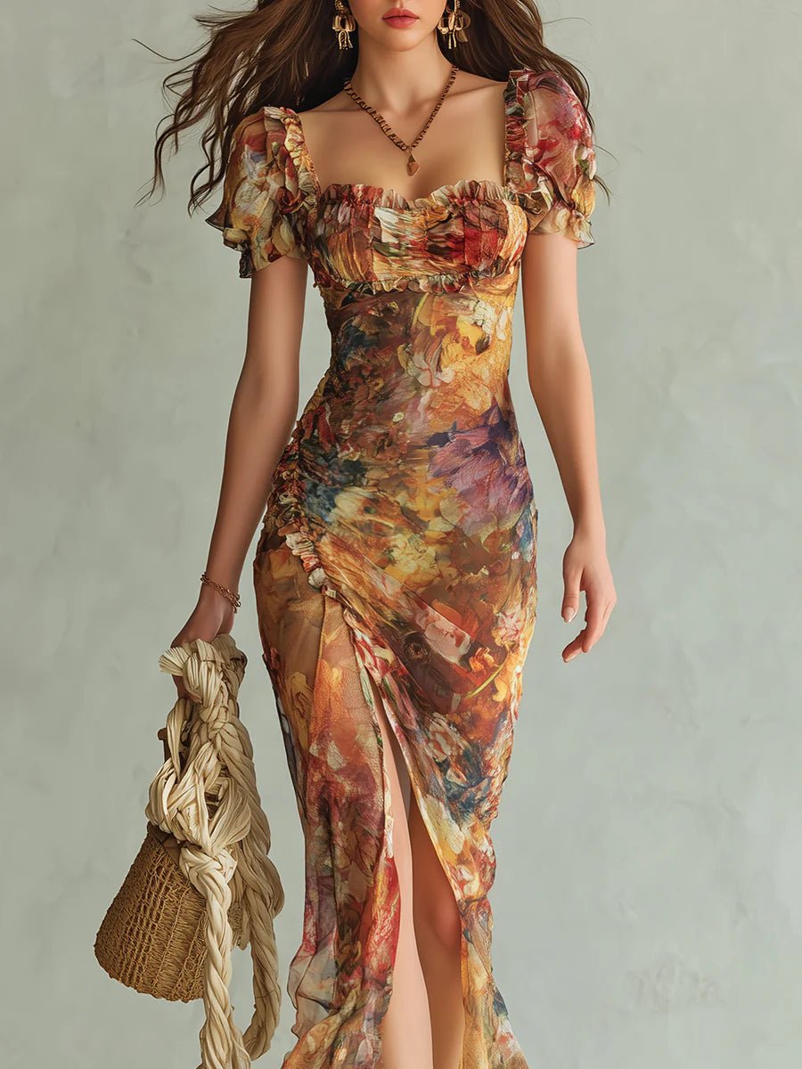 Ella | Abito lungo bohemien da donna in chiffon con scollo a cuore e volant