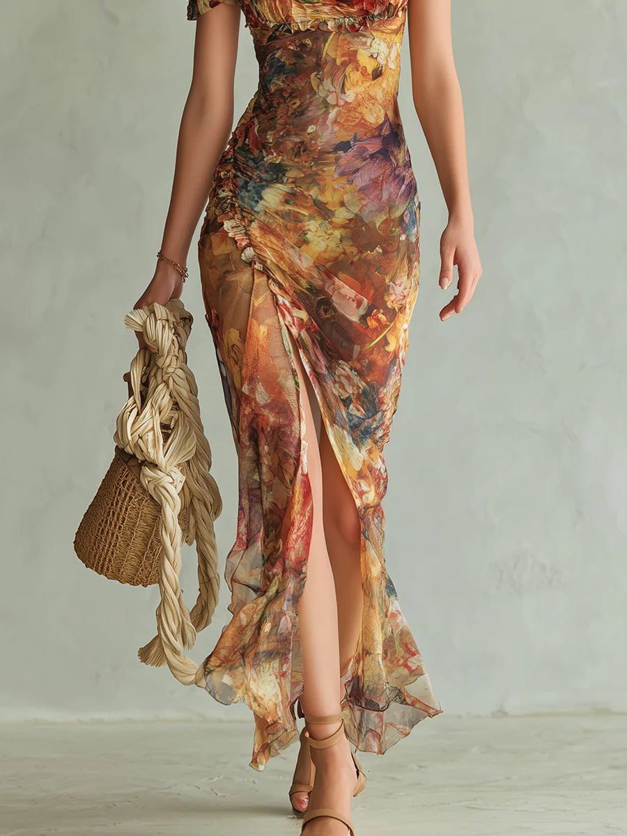 Ella | Abito lungo bohemien da donna in chiffon con scollo a cuore e volant