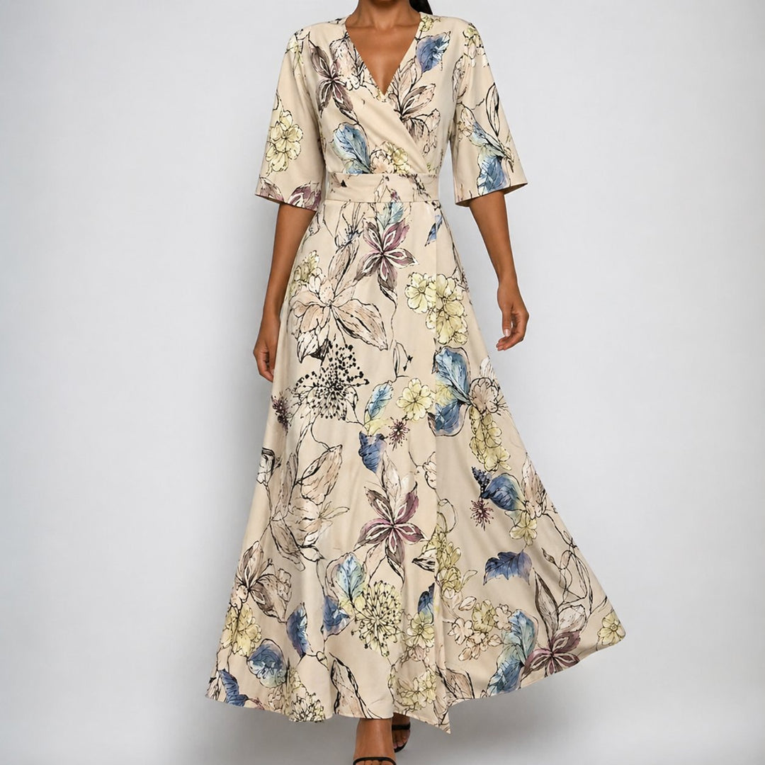 Florence | Vestido largo de satén para mujer con cinturón, escote en V y estampado floral tipo envolvente