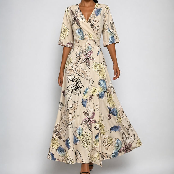 Florence | Vestido largo de satén para mujer con cinturón, escote en V y estampado floral tipo envolvente
