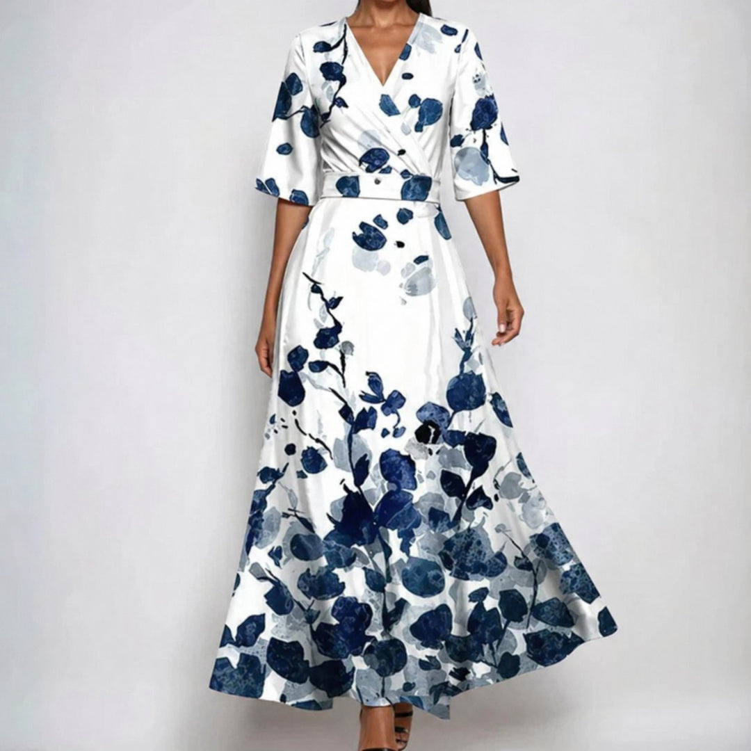 Florence | Vestido largo de satén para mujer con cinturón, escote en V y estampado floral tipo envolvente