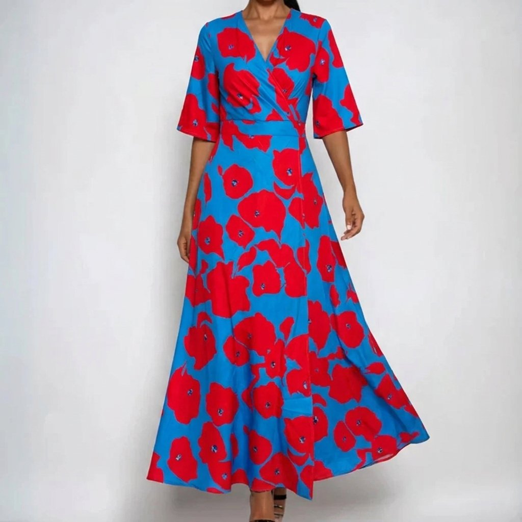 Florence | Vestido largo de satén para mujer con cinturón, escote en V y estampado floral tipo envolvente