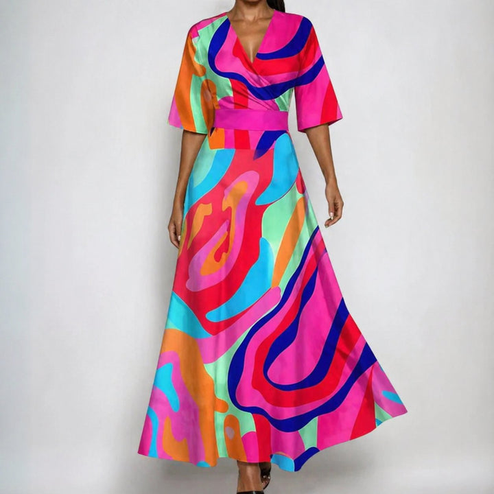 Florence | Vestido largo de satén para mujer con cinturón, escote en V y estampado floral tipo envolvente